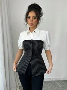 Elenzga Shirt Collar Single-Breasted 2 In 1 Striped Shirt