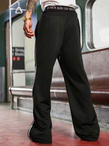 PAVTROS 男士拼布前抽绳口袋休闲运动裤，男士抽绳腰部印花阔腿时尚运动裤，拉链设计男士黑色运动裤男士运动裤黑色图案运动裤健身运动裤带侧条纹，嘻哈街头，男朋友礼物，男士街头服饰