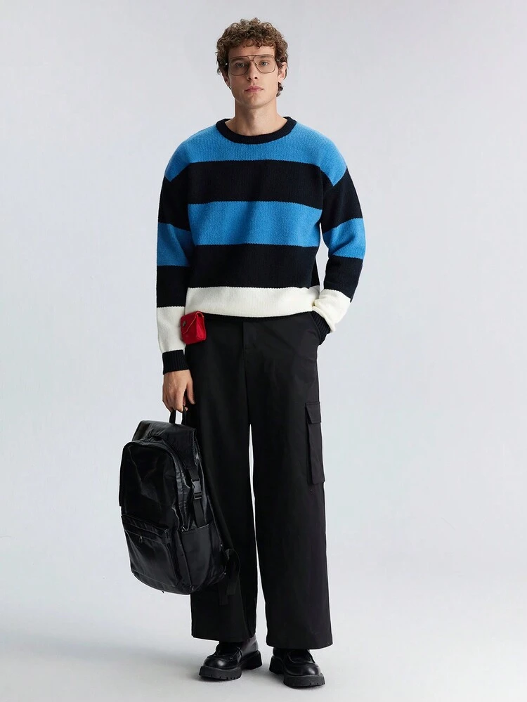SHEIN Maija Men's Blue, Black And White Block Color Striped Pullover Simple And Fashionable Loose Long-Sleeved Design Daily Versatile Sweater For Daily Commuting Outing Clothes, New Styles For Spring And Summer 2025, Travel, Holiday And Commuting