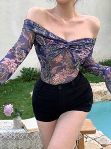 DAZY Blusa bohemia de mujer con estampado floral de malla transparente, hombros descubiertos, mangas largas, para vacaciones de verano, blusas bohemias, top hombros descubiertos, ropa de mujer para otoño