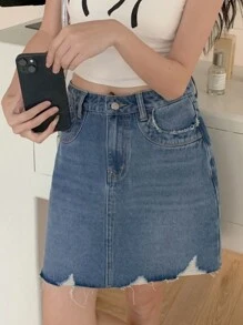 DAZY Women's Front Button Pocket Frayed Hem Casual Denim Skirt