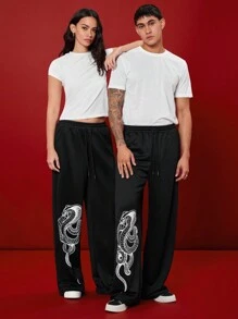 Manfinity VCAY 男女通用街头风格蛇纹印花松紧腰阔腿针织裤 - 黑色 - 查看 4