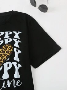 SHEIN Men's Happy Valentine's Day Leopard Print Heart Graphic Casual Round Neck Short Sleeve T-Shirt, Family Matching Outfits Mommy And Me (4 Pieces Are Sold Separately) - Black - View 4