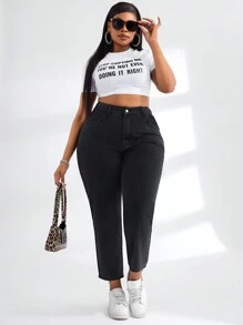 SHEIN ICON 大碼高腰媽媽牛仔褲 - 黑色 - 查看 6