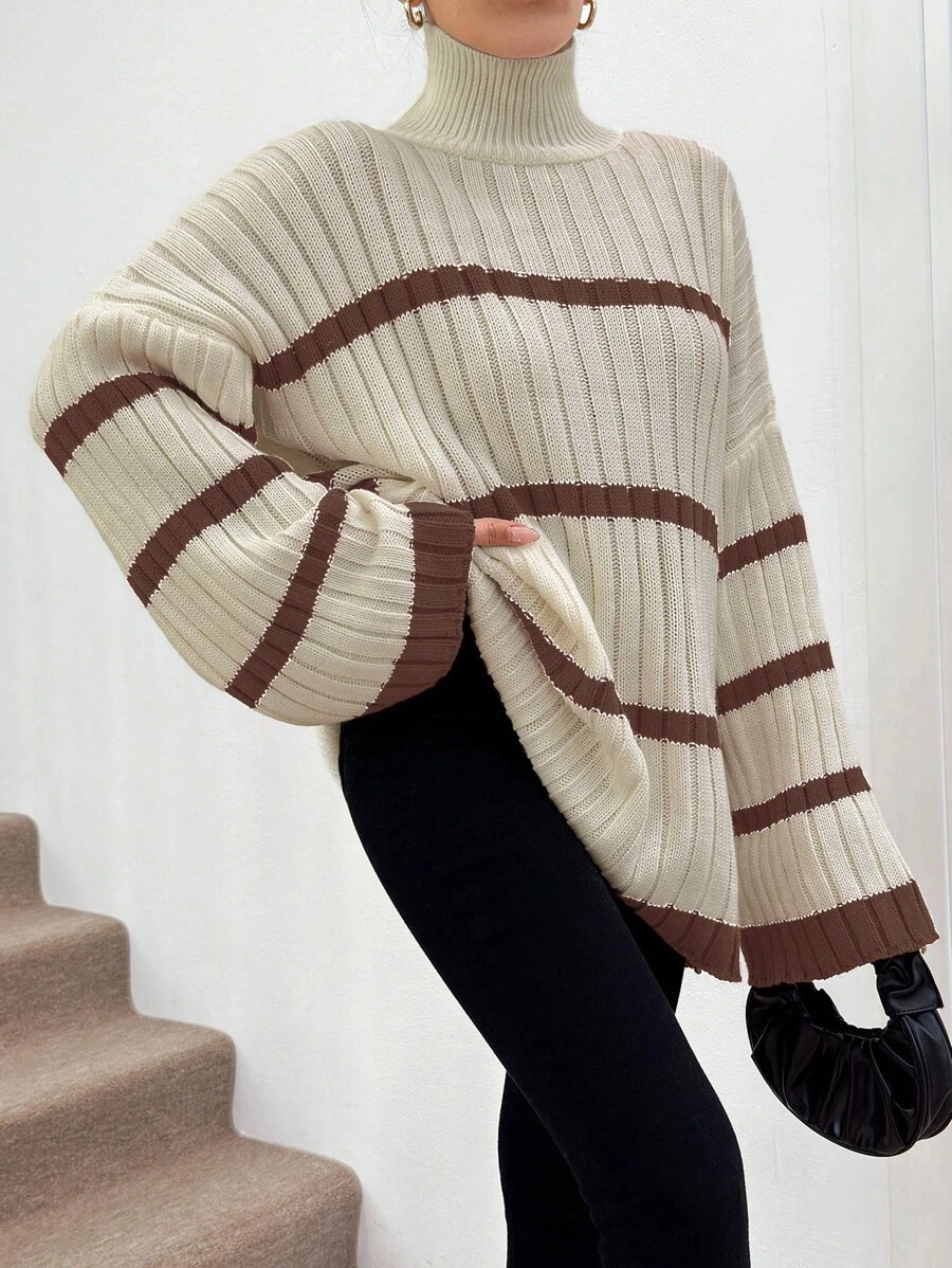 EURMUSE Women's Turtleneck Ribbed Ribbed Print Casual Long Sleeve Sweater - Dusty Pink - View 1
