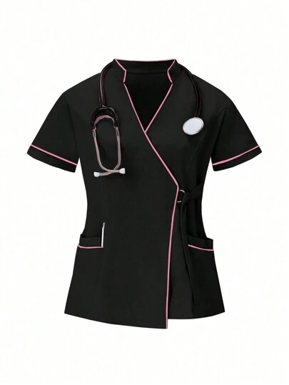 TaskEZ 2pcs Contrast Trim Casual Short Sleeve Top And Solid Color Pants Uniform Set, Scrub Sets