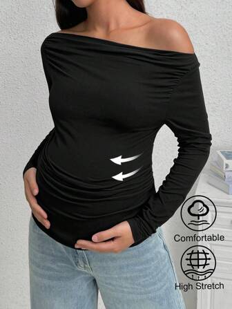 SHEIN Camiseta de maternidad de cuello asimétrico y ajuste delgado con pliegues, manga larga, elegante y refinada