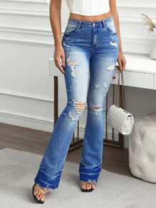 SHEIN LUNE Women Front Button Pocket Distressed Simple Casual Jeans, Daily Wear
