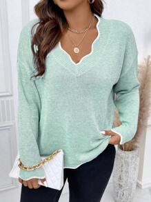 Calvaya Plus Scallop Trim Drop Shoulder Sweater, For Winter Knit Pullover Fall Sweater - Baby Blue - View 5