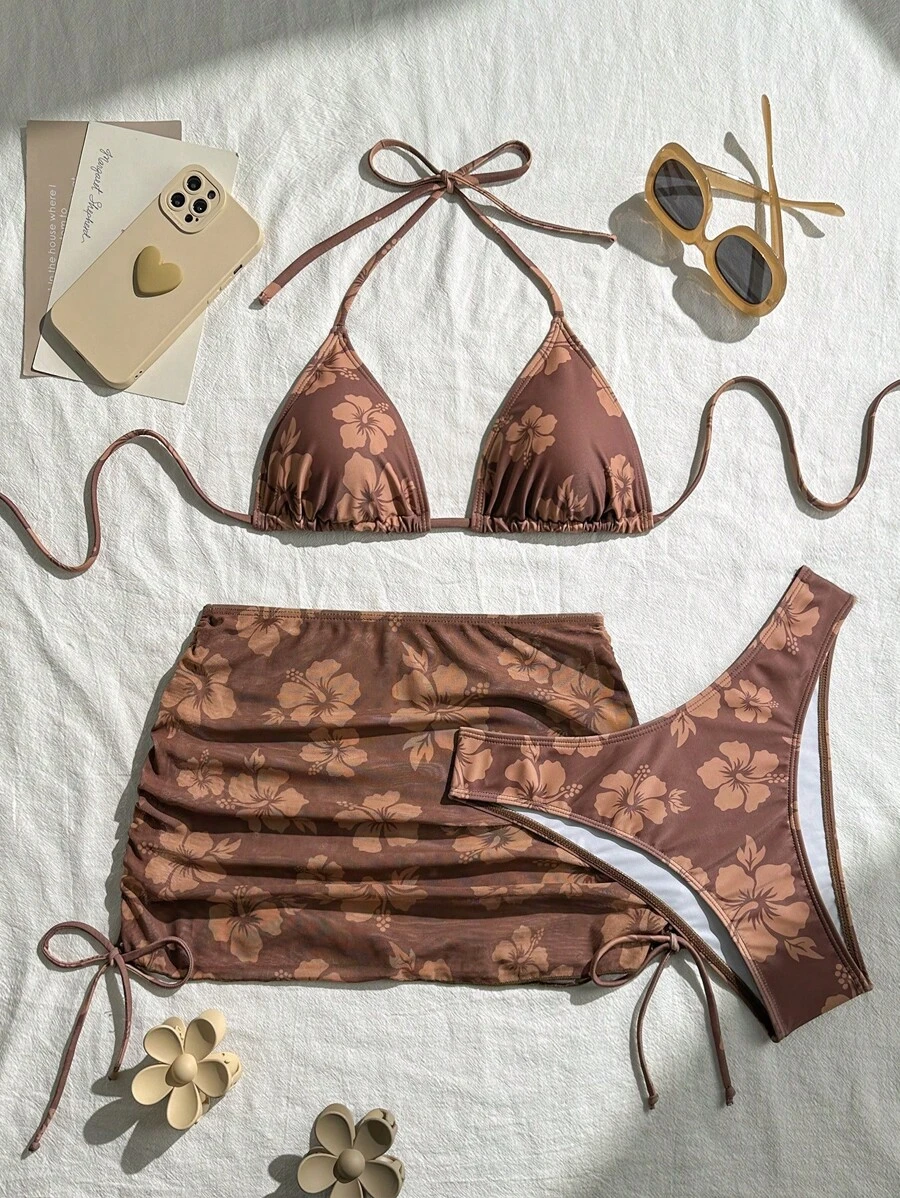 SHEIN Swim 夏季三件套女士吊带碎花网眼沙滩裙和细肩带比基尼套装 - 棕色 - 查看 1