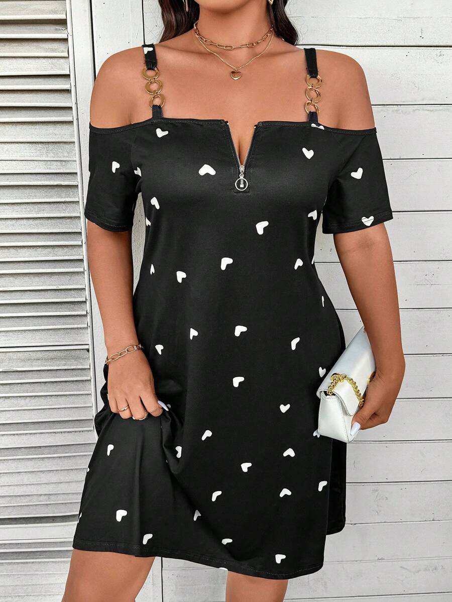 SHEIN LUNE Valentine's Day Heart Print Metal Strap Patchwork Plus Size Short Sleeve Comfortable Dress - Black - View 1