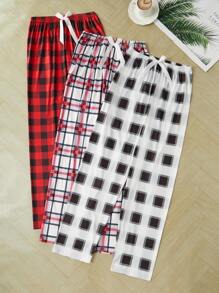 3pcs Set Teenage Girls Casual Plaid Pattern Long Leggings Home Wear Outfit - Red and White - View 1
