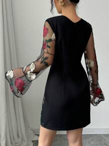 Elenzga Women's Floral Embroidery Mesh Flared Sleeve Short Elegant Dress - Black - View 2