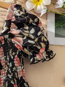 Girls Floral Print Ruffle Trim Square Neck Bubble Sleeve Dress, Suitable For Summer