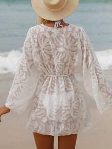 Swim Vcay Summer Outfits For Women Women's Drawstring Waist Long Sleeve Cover-Up Wedding,Summer Beach - White - View 2