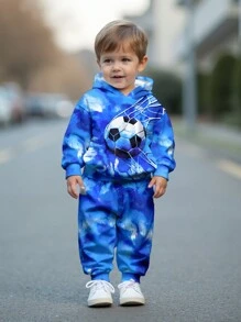 SHEIN Baby Boy Casual Loose Comfortable Soft Knit Sporty Hoodie Sweatshirt & Pants Set With Football Falling Into Net With Blue Sky And White Cloud Print