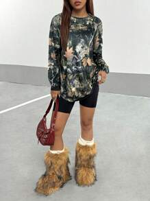 StreetHx Women's Vintage Street Style Loose Leaf Print T-Shirt, Autumn