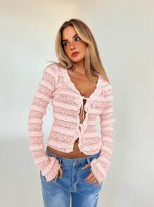 Aloruh 女士时尚前系蝴蝶结透明长袖衬衫 - 淺粉色 - 查看 7