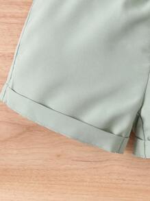 Young Girl New Spring/Autumn 2pcs/Set Outfit For 4-7 Years Old Girls, Casual Ribbed Collar Round Neck T-Shirt And Green Shorts, Suitable For Daily Wear & Outdoor Sports - White - View 6