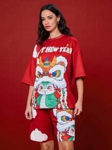 Manfinity Unisex 2pcs/Set Streetwear Relaxed Dropped Shoulder Crew Neck Short Sleeve T-Shirt And Straight Leg Mid-Waist Shorts, Happy New Year Blessing And Lion Design Print For Chinese New Year