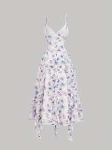 SHEIN MOD Women's Floral Print Patchwork Ruffle Hem Slip Midi Dress,Smudged Purple Plum Blossoms, Ribbon Mesh Asymmetrical Waistline, - Multicolor - View 2
