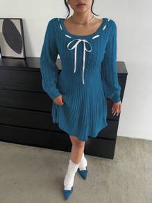 POPSWAY Women Batwing Sleeves Drawstring Crew Neck Casual Sweater Dress, Autumn/Winter - Teal Blue - View 8