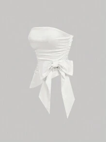 SHEIN MOD Women's Solid Color Ruched Bandeau Crop Top With Bow,Satin,Elegant,Going Out Tops Women,New Years Top,Sexy Top,Party Tops,White Tops - White - View 2