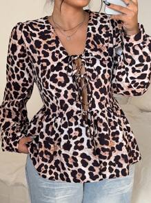 Flirla Plus Size Women Leopard Print Peter Pan Collar Open Front Spring/Summer Blouse - Multicolor - View 1