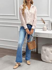 SHEIN LUNE 女士口袋喇叭休闲百搭牛仔裤 - 藍色 - 查看 3