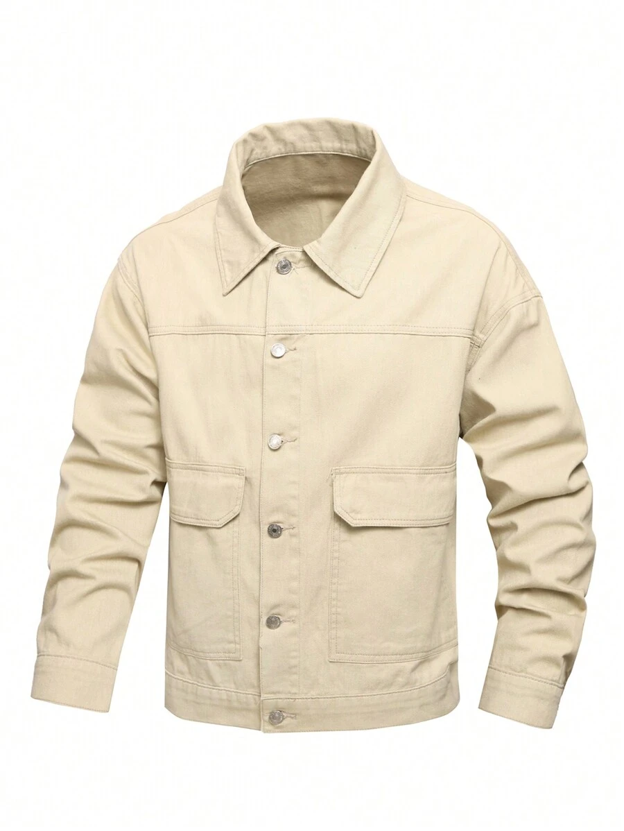 Manfinity Homme Men's Solid Color Basic Denim Jacket, Casual Everyday Wear - Khaki - View 1