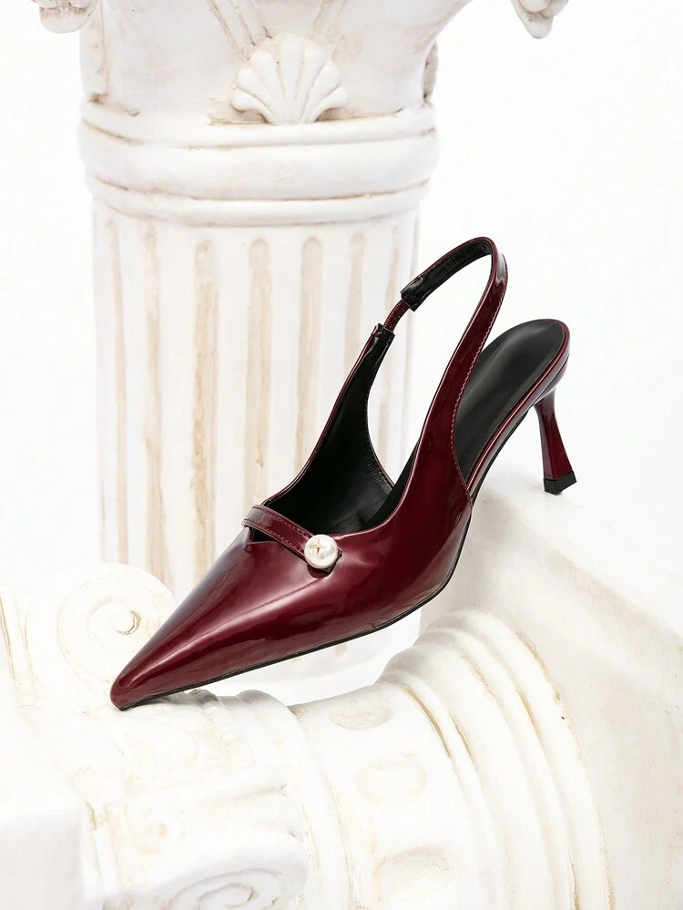 CUCCOO CHICEST Elegant Burgundy Pointed Toe Stilettos With Faux Pearl Decor, Women's Sexy High Heels Slip-On Pumps For Commute, Party, Date, Christmas, New Year, Valentine's Day
