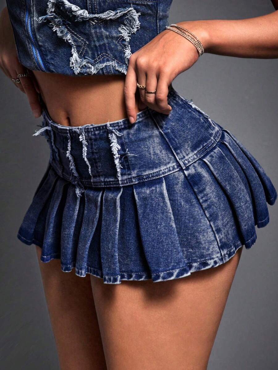 SHEIN ICON 女士休闲牛仔 A 字裙，简约时尚，适合日常穿着 - 深色水洗藍 - 查看 1