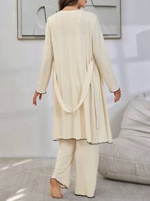 Conjunto de 3 piezas de pijama para mujer: Camisola con estampado jacquard y lazo de color contrastante, pantalones y bata de estar por casa