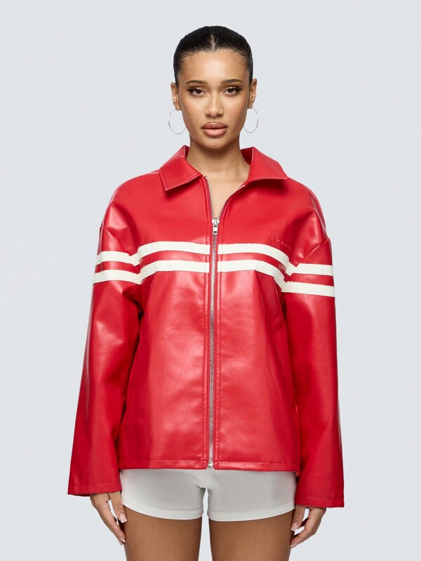 SUMWON WOMEN Retro Athletic Varsity Style Moto Jacket With Racing Stripes Double White Lines Zipper Front Streetwear Fall Winter Outerwear