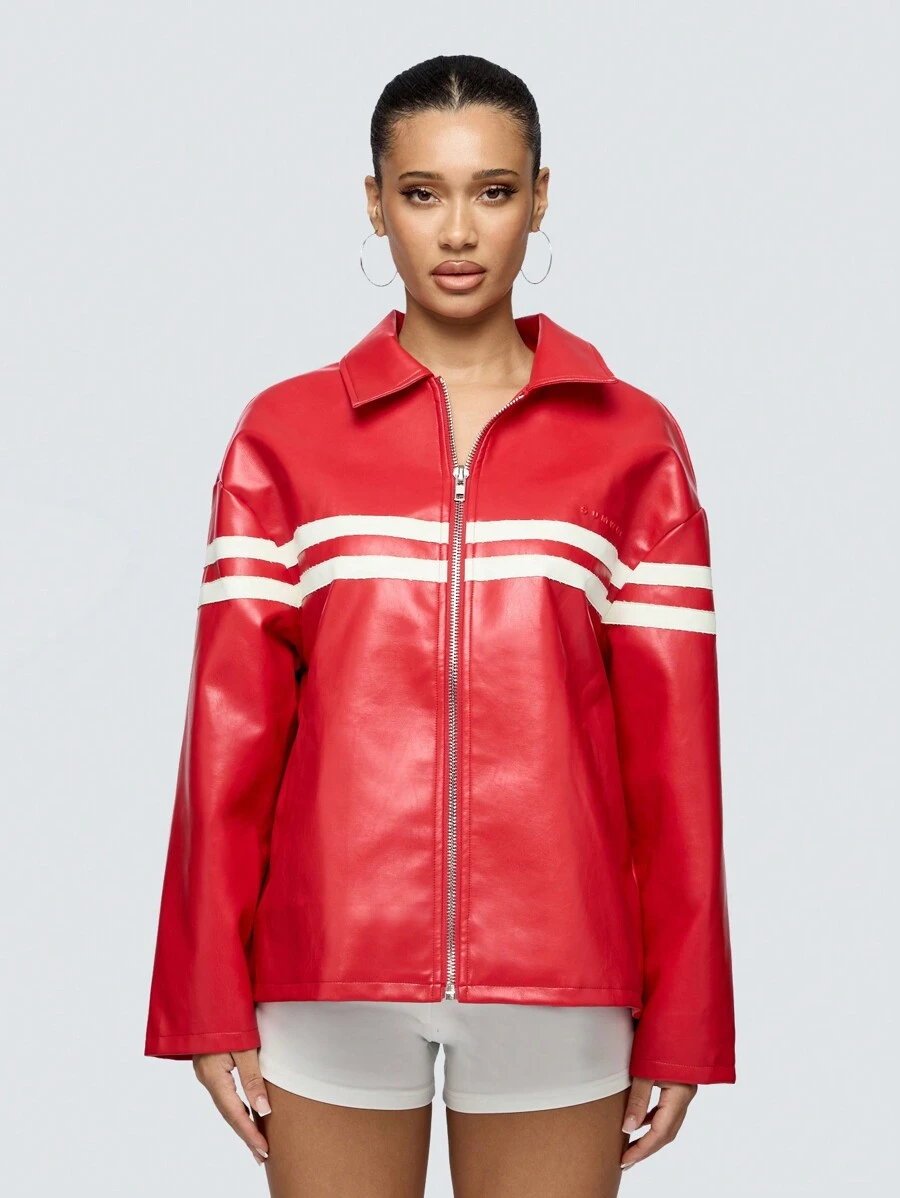 SUMWON WOMEN Retro Athletic Varsity Style Moto Jacket With Racing Stripes Double White Lines Zipper Front Streetwear Fall Winter Outerwear - Red - View 1