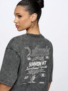 SUMWON WOMEN Street Washed Drop Shoulder Oversized T-Shirt With Print - Black - View 5