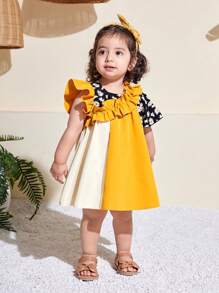 SHEIN Leap Crew Summer Cute Colorblock Ditsy Floral Ruffle Hem Dress For Baby Girl - Yellow - View 8