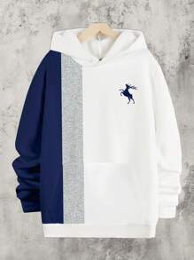 Manfinity Homme Plus Size Manfinity Navy Patchwork Elk Silhouette Print Fashionable Casual Men's Slim Fit Raglan Men Plus SIZE Hoodie - White - View 1