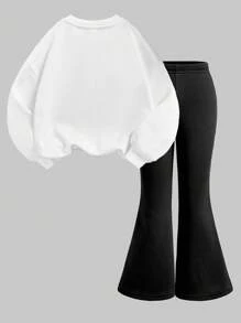 Young Girls Retro Plaid Print Knit Crew Neck Letter Graphic Loose Sweatshirt With Fitted Flared Pants 2 Pieces Set, Girls Winter Clothes, Young Girl Winter Clothes, Girls Fall Clothes, Girls Fall Outfits, Young Girl Clothes Girls, Young Girl Costume - Multicolor - View 2