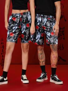 Manfinity VCAY 男女通用街头风格虎纹图案编织高密度仿丝抽绳松紧腰宽松直腿短裤 - 黑色 - 查看 4