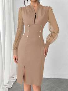 Elenzga Vestido elegante para commuter con mangas abullonadas de malla