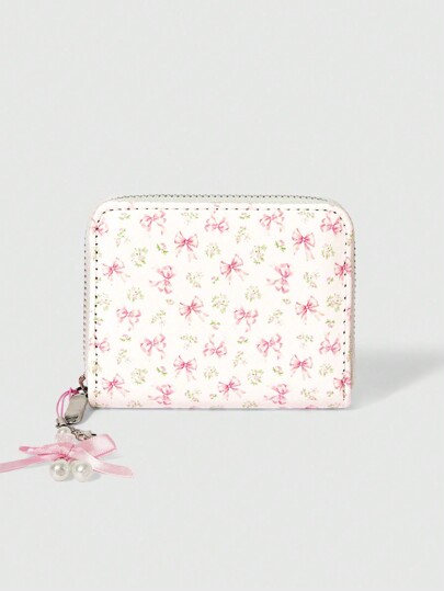 Kawaii 1pc Cute Floral Bow Decor Minimalist Zip Coin Purse, Bow Pendant Design For Women