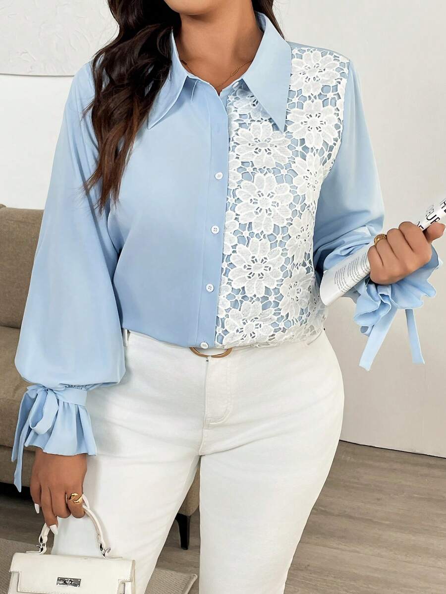 Vionelle Plus Size Women Elegant Shirt Collar Solid Color Panel Floral Print Long Sleeve Tie-Waist Blouse Fall Cloth For Women - Blue - View 1