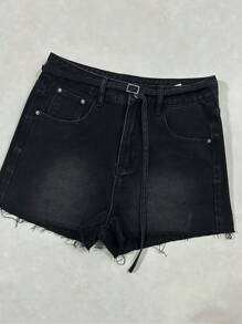 DAZY Shorts vaqueros de mujer con efecto desgastado, estilo primavera, corte holgado - Negro - Ver 8