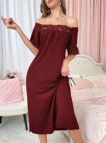 Côtesoire Women's Ruffle Lace Loose Nightgown, Simple & Fashionable For Everyday Casual Wear - Burgundy - View 5