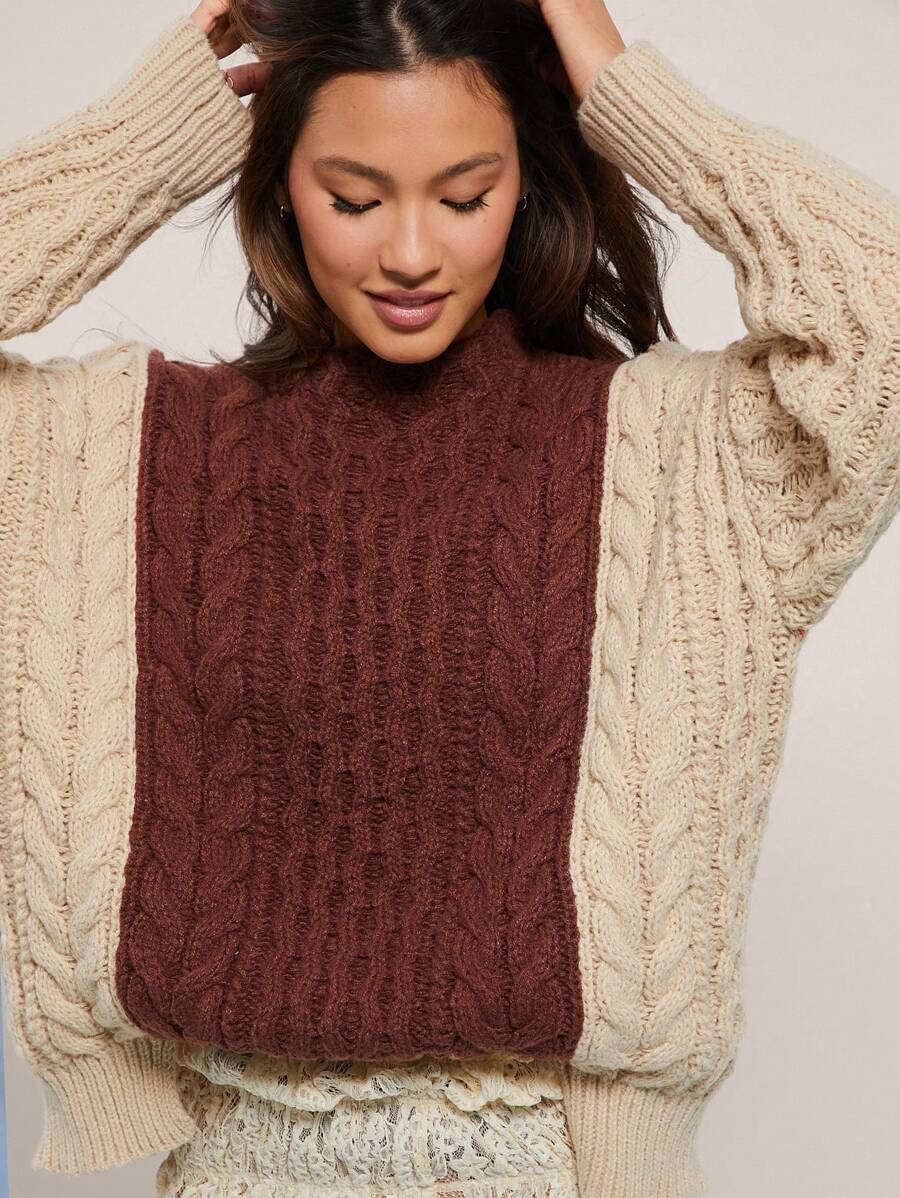 WESTFADE 西部双色拼色粗针织立领长袖超大束腰毛衣 - 彩色 - 查看 1