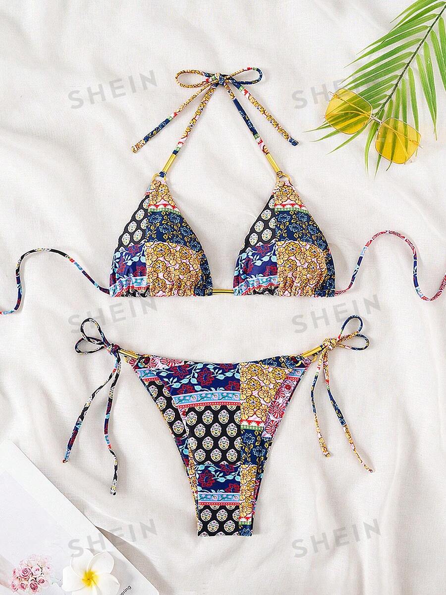 SHEIN Swim Conjunto de bikini de 2 piezas con estampado triangular al azar vintage bohemio nuevo de verano para mujeres