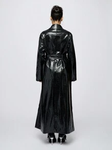 SUMWON WOMEN Luxury Patent Embossed Faux Leather Full Length Maxi Trench Coat Fall Winter Classic Double Breasted Belted Designer High Fashion Outerwear - Black - View 2