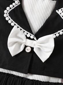 SHEIN 3pcs/Set Baby Girl Spring& Autumn Elegant Style, Lapel Short Sleeve Jacket&Sleeveless Top&Short Pants