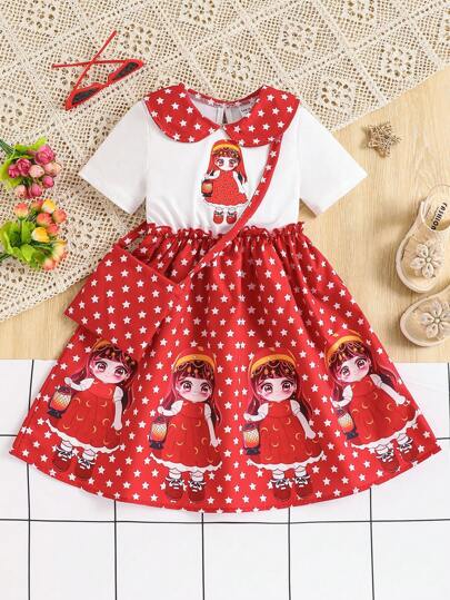 年轻女孩时尚可爱女孩，灯笼和星星印花彼得潘领短袖连衣裙，展现丰富的想象力和文化趣味，对小女孩极具吸引力。独特的彼得潘领设计使连衣裙更加甜美优雅，完美展现小女孩的可爱外观。适合日常穿着、家庭聚会、节日或户外活动等各种场合，既时尚又充满童真魅力。